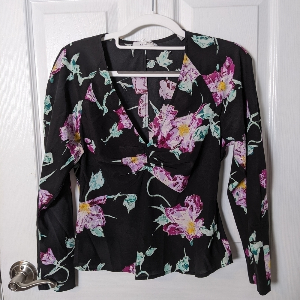 New‎ A.L.C. Millie Silk Puffed Sleeve Black Floral Fitted Blouse Top Size 0/XS